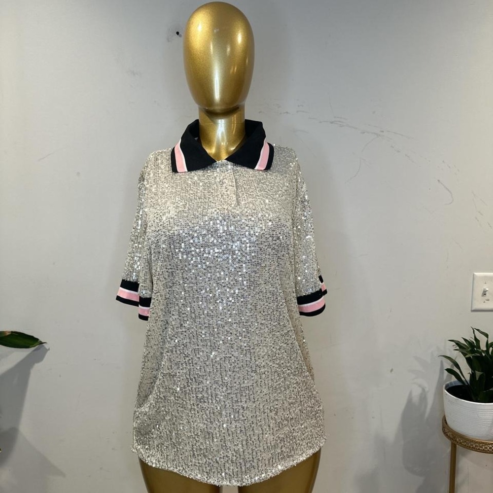 Silver sequin polo shirt with pink and black trim NEW LARGE